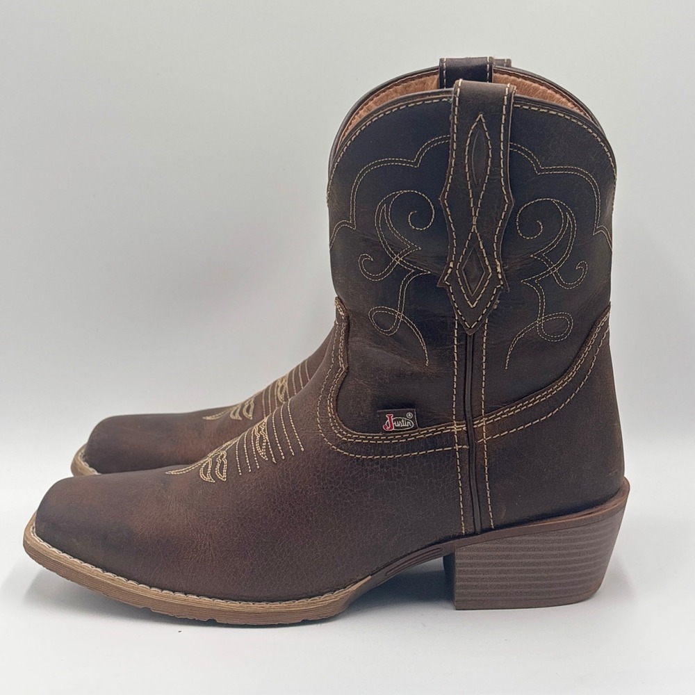 Justin Womens Cowboy Boots Size 10B Brown Leather Square Toe MJ2103 Gypsy - Picture 2 of 10